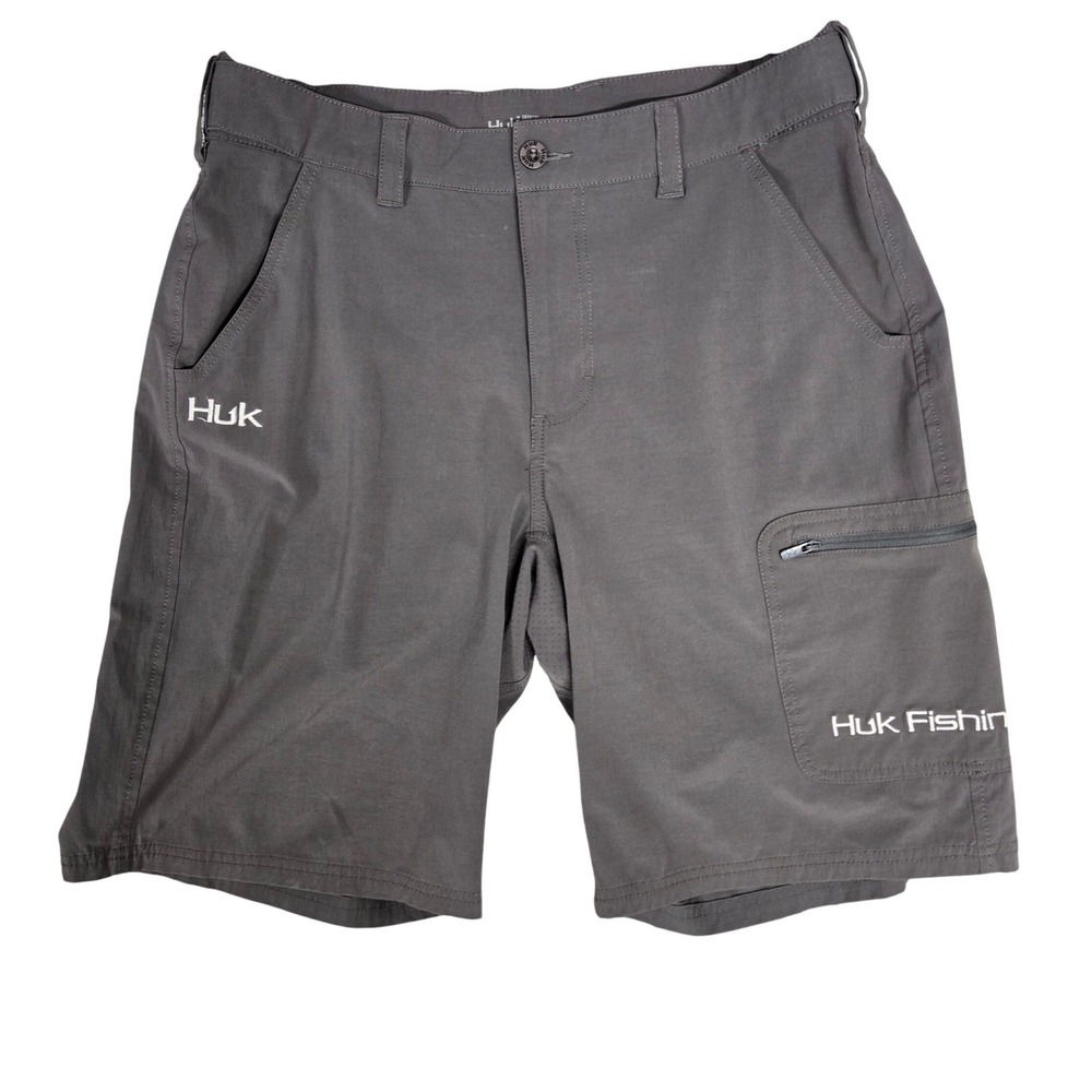 Huk Performance Fishing Shorts Gray Cargo Zipper Pockets Stretch Men's Size L